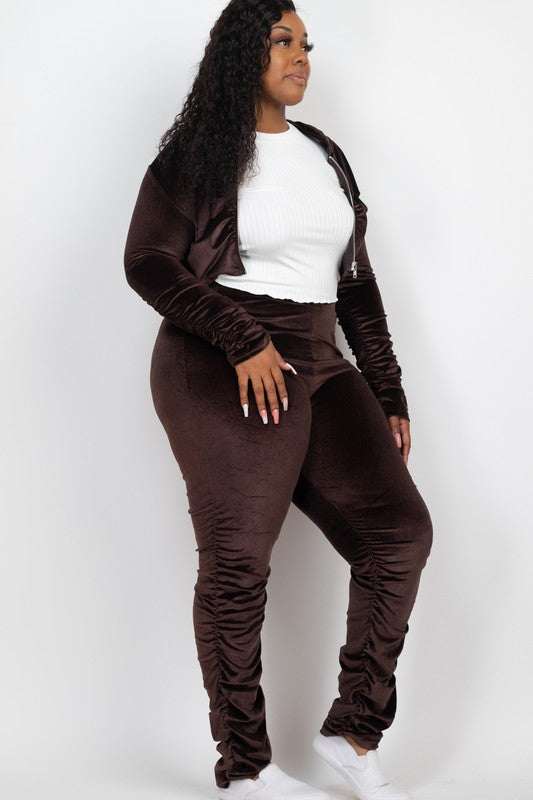 More to Love Velour  Zip Up Jacket & Stacked Pants Set