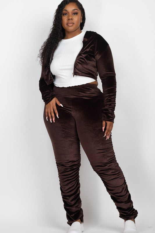 More to Love Velour  Zip Up Jacket & Stacked Pants Set