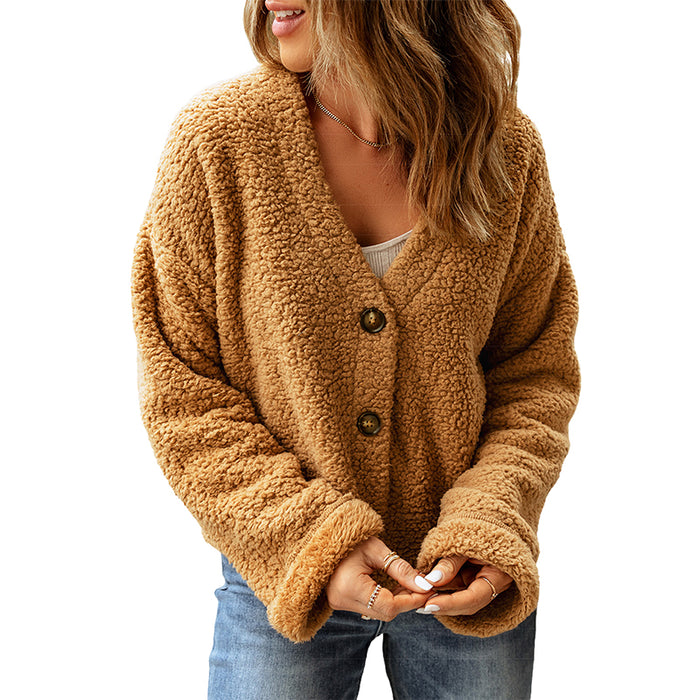 V-Neck Button Front Teddy Cardigan