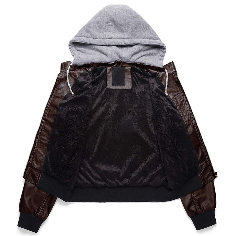 Hooded Zipper Thick Leather Jacket