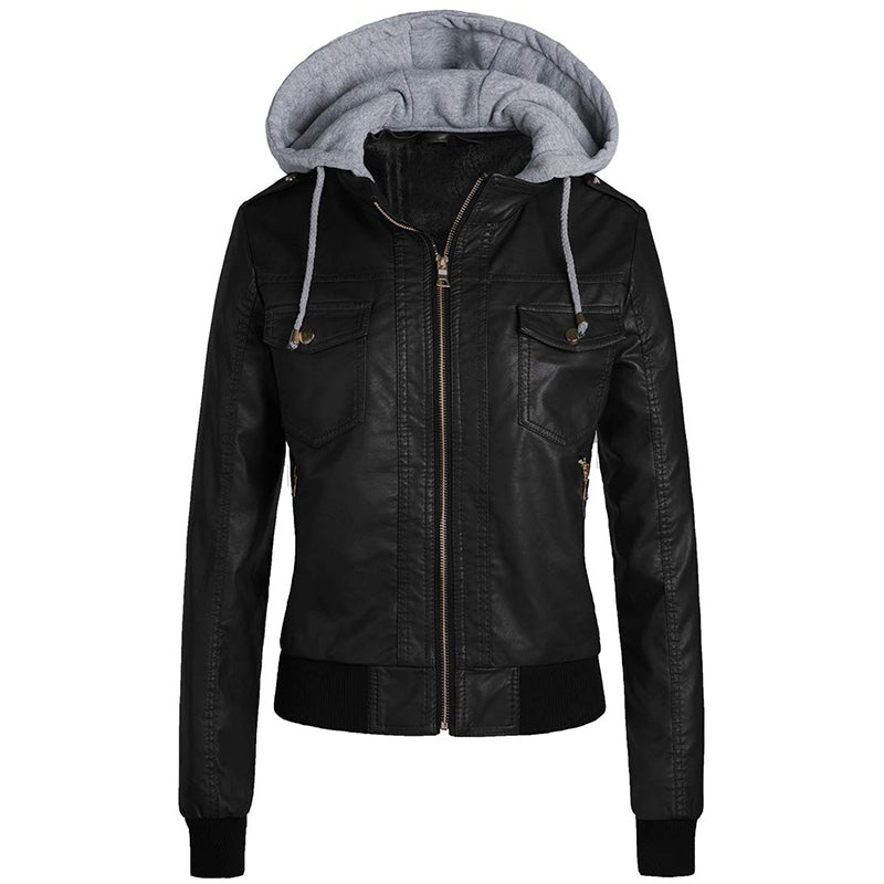 Hooded Zipper Thick Leather Jacket